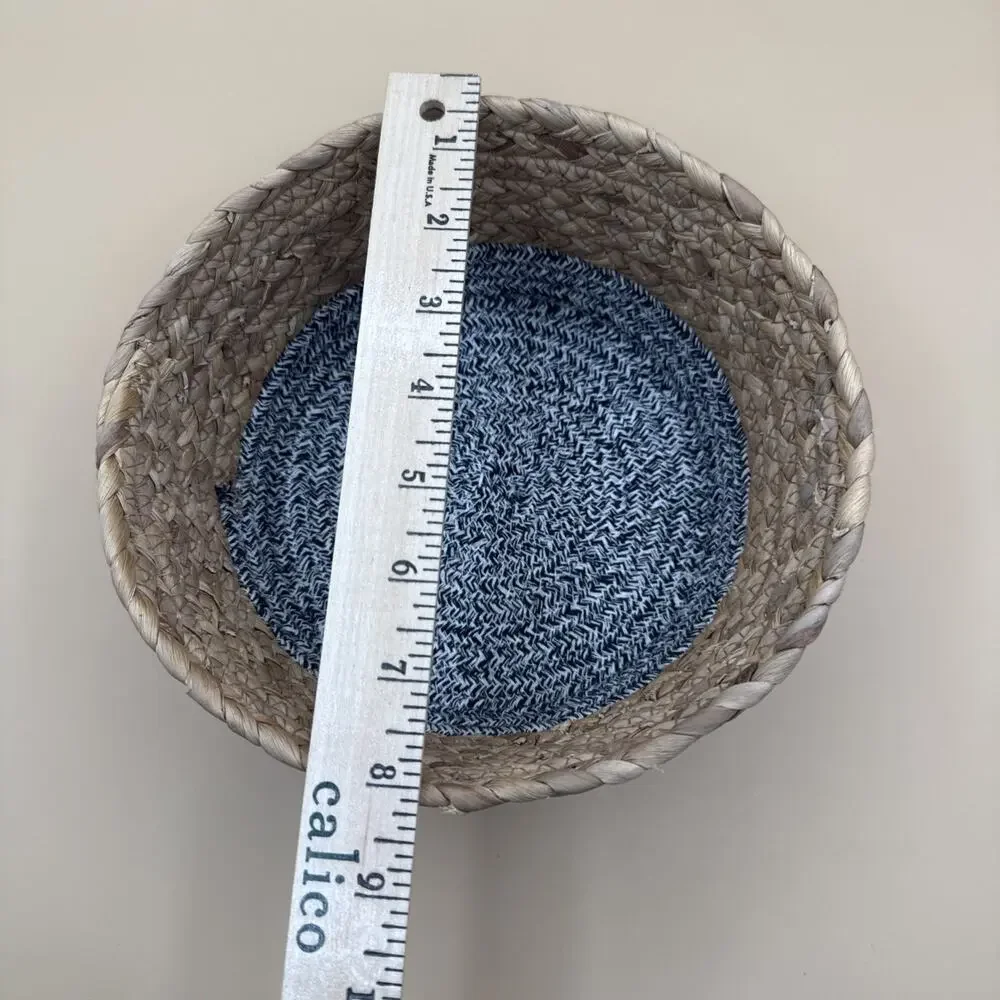 Round UGG Two-Tone Tabletop Organizer Basket with Leather Logo Patch Straw Rope